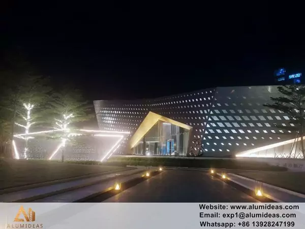 Aluminum facade lighting effect at night